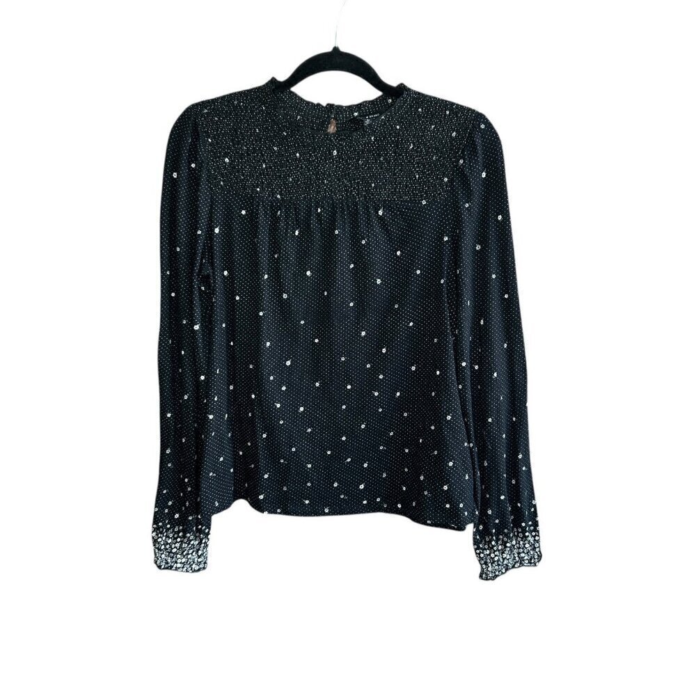 Lucky Brand Black Smocked Yoke Polka Dot Peasant Blouse Size Medium